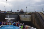 Our ship has pulled into the lock, notice the freighter is now 2 locks forward, the water level is higher than the lock directly in front of us.  7329